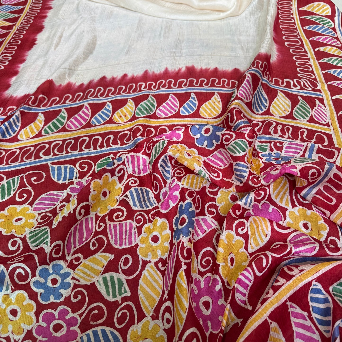 Vrinda: White & Red BLock Print Tussar Silk Saree