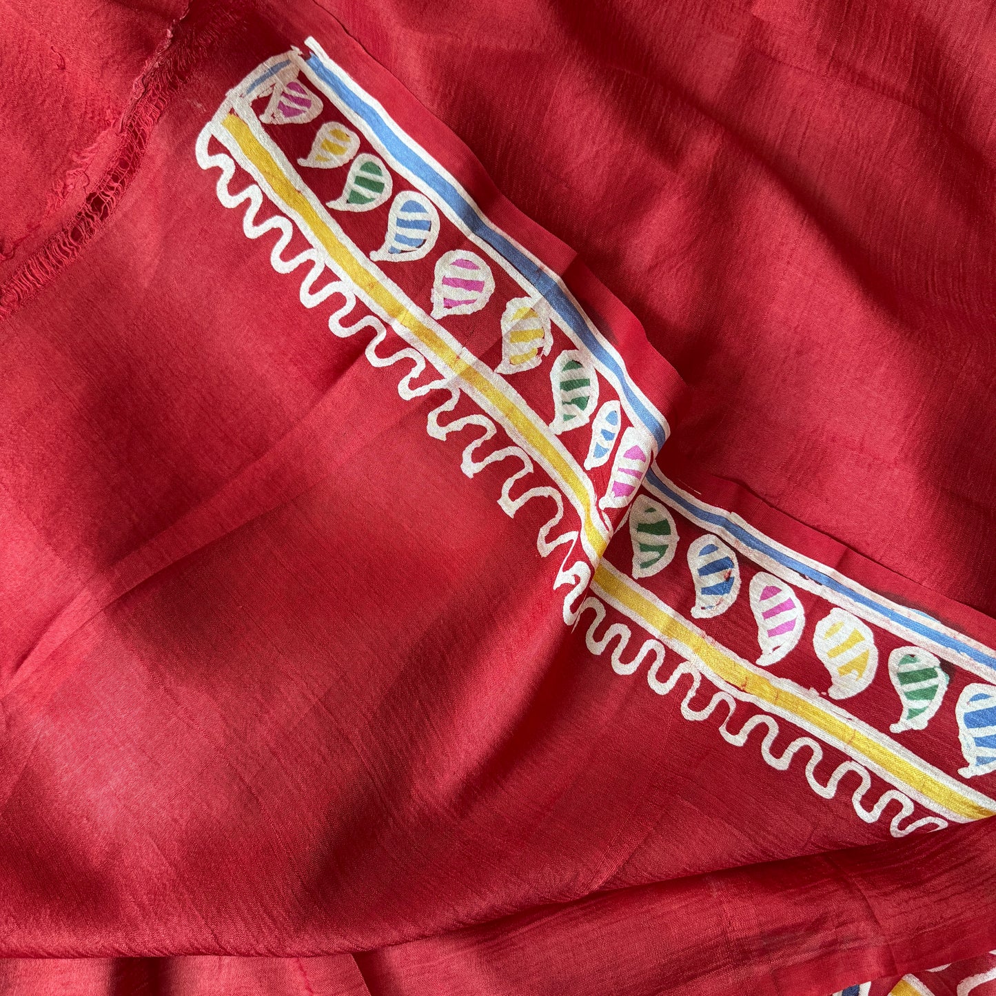 Vrinda: White & Red BLock Print Tussar Silk Saree