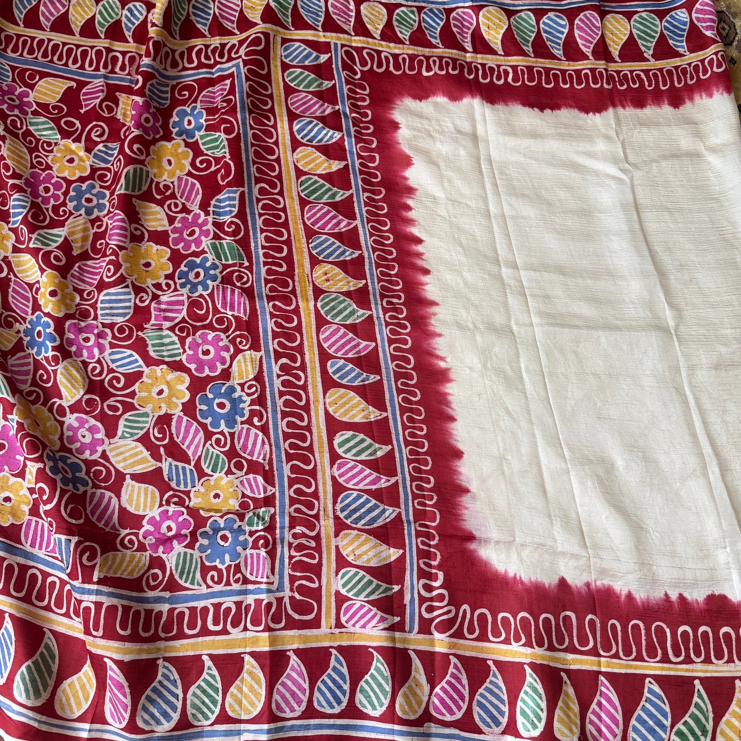 Vrinda: White & Red BLock Print Tussar Silk Saree