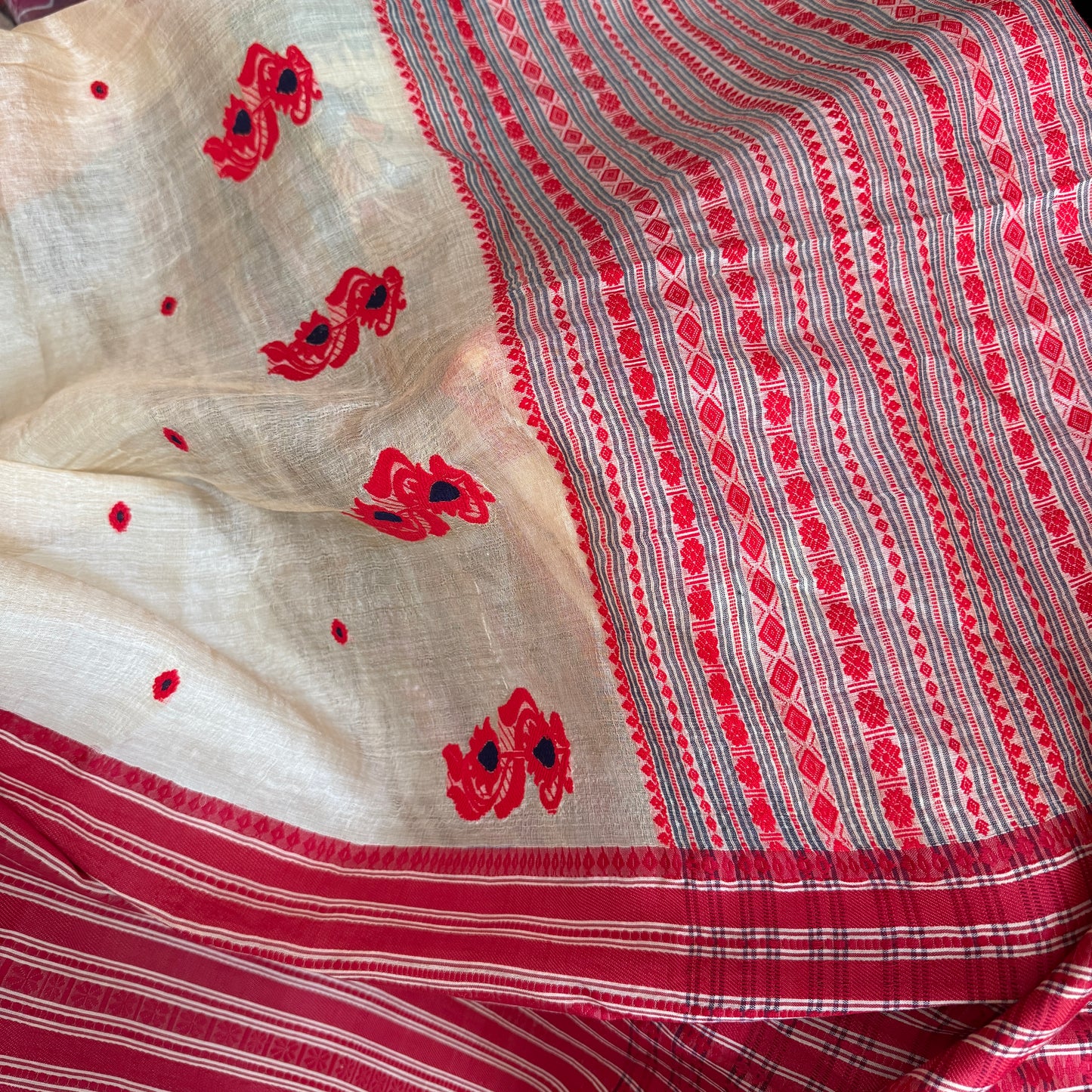 Crimson Heritage: Beige & Red Tussar Silk Saree