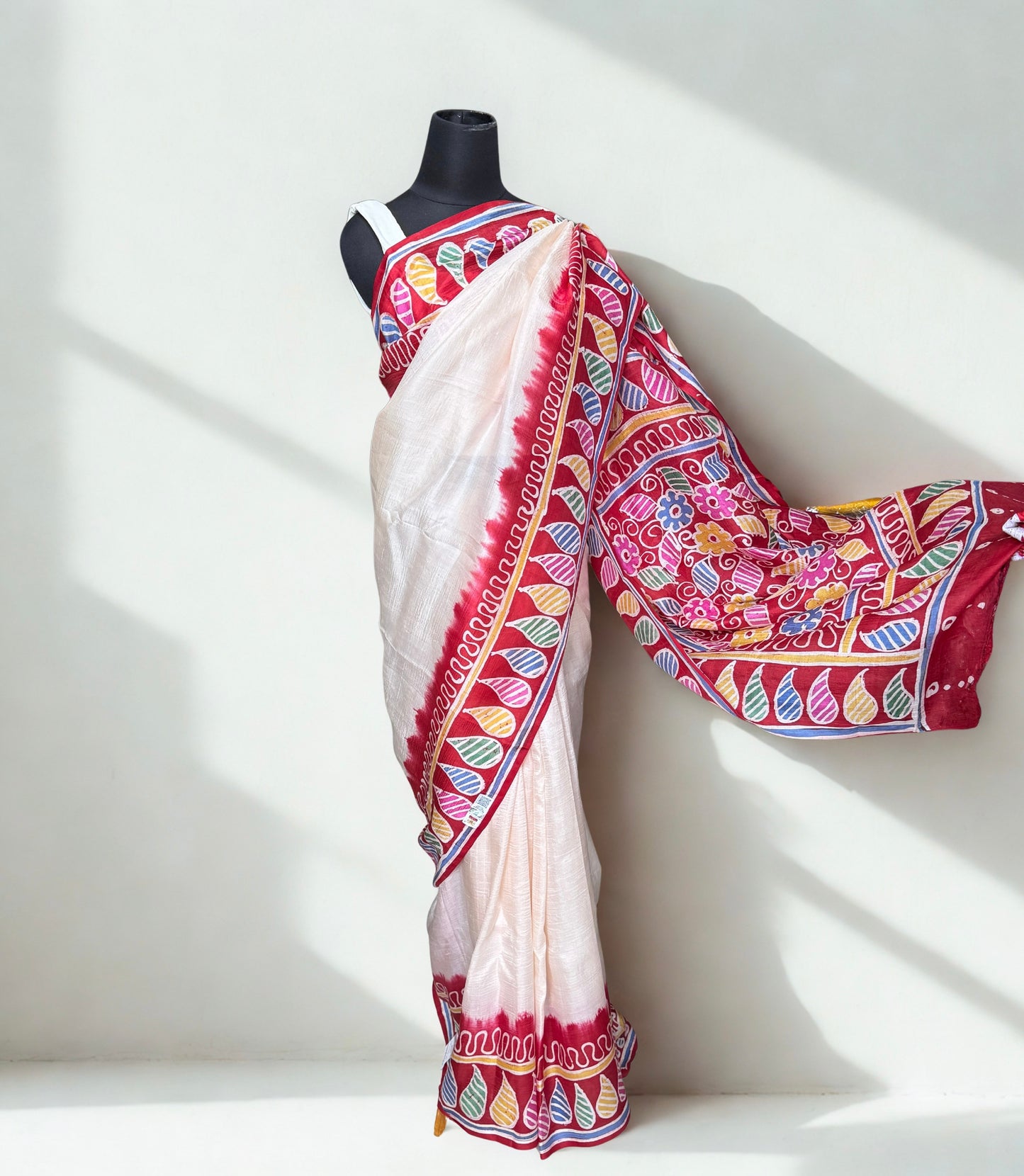 Vrinda: White & Red BLock Print Tussar Silk Saree