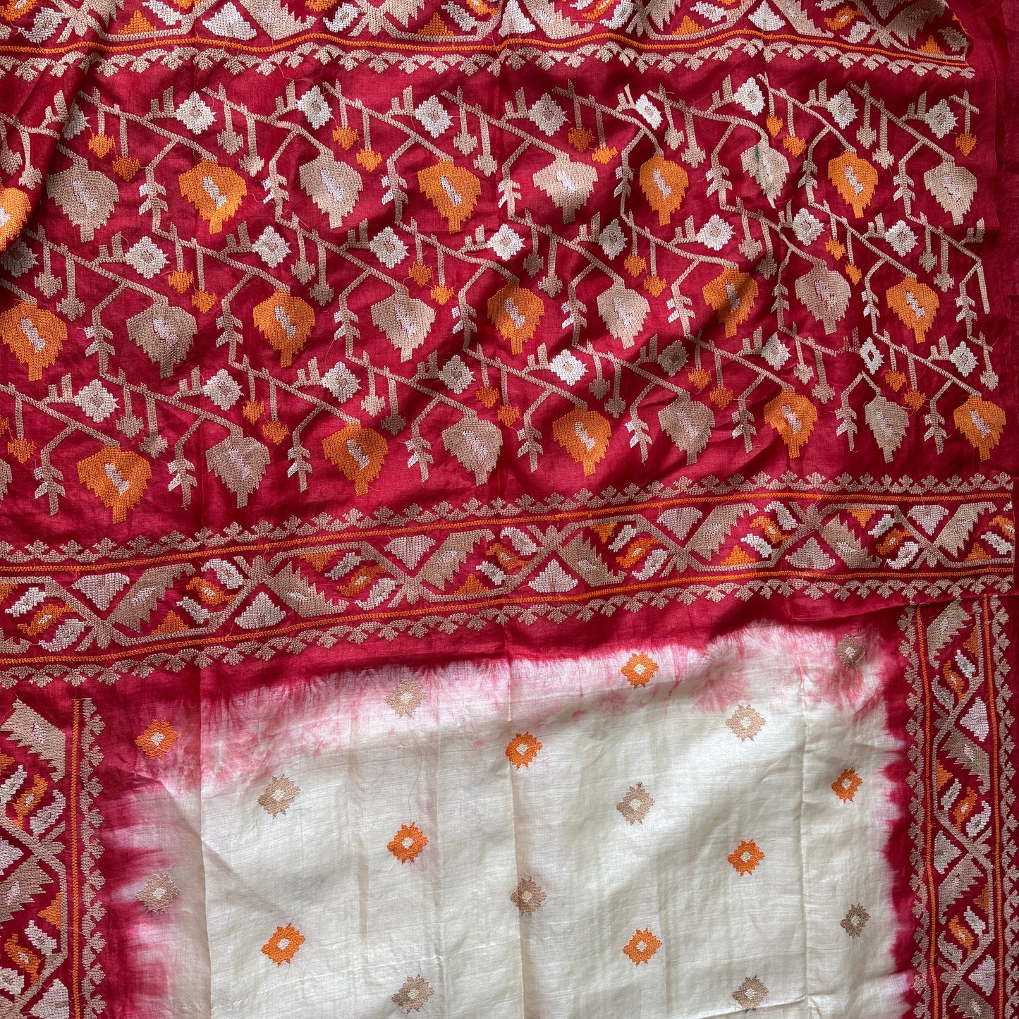 Sunset Reverie: White Tussar Silk Saree with Red Ombre Border