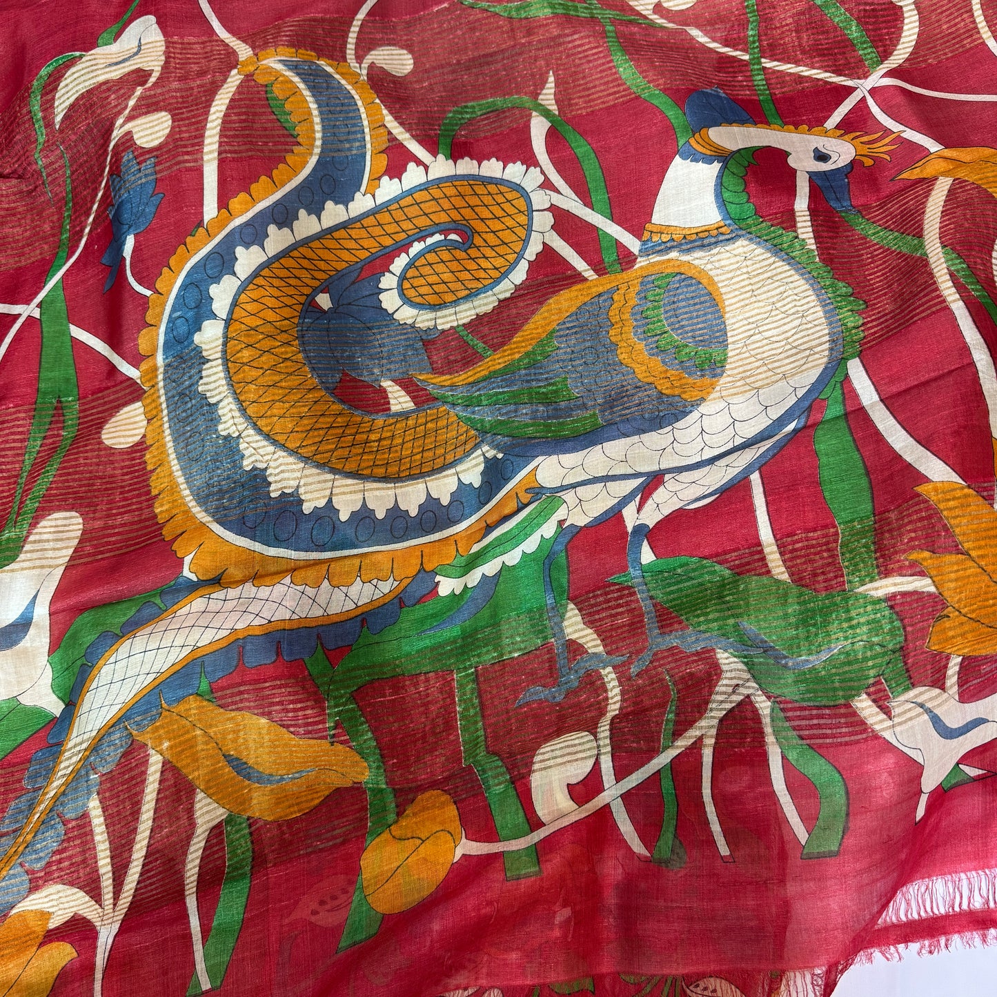Gulzar: Red and White Block Print Tussar Silk Saree