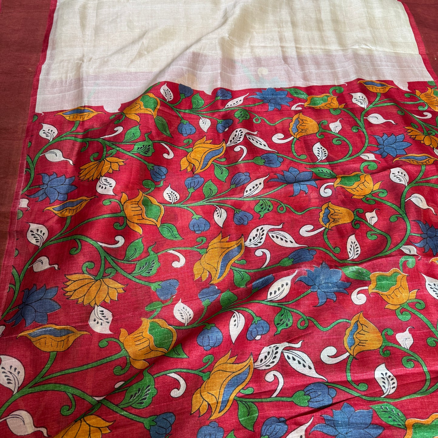 Gulzar: Red and White Block Print Tussar Silk Saree