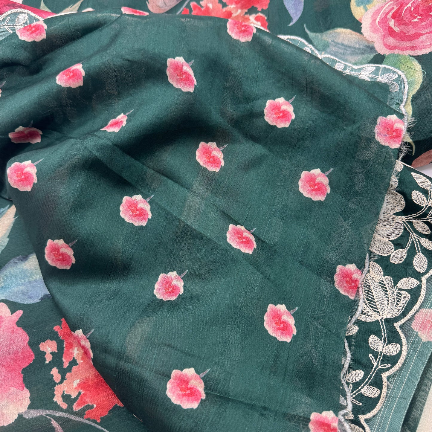 Moonlit Garden: Floral Semi-silk Saree with Embroidery