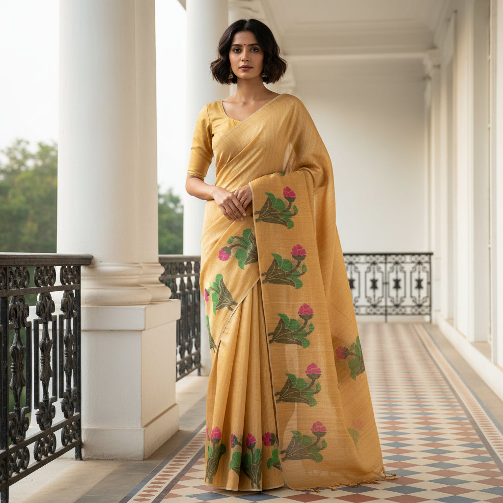 Hemangi: Yellow Handwoven Matka Silk Saree with Translucent Muslin Pallu
