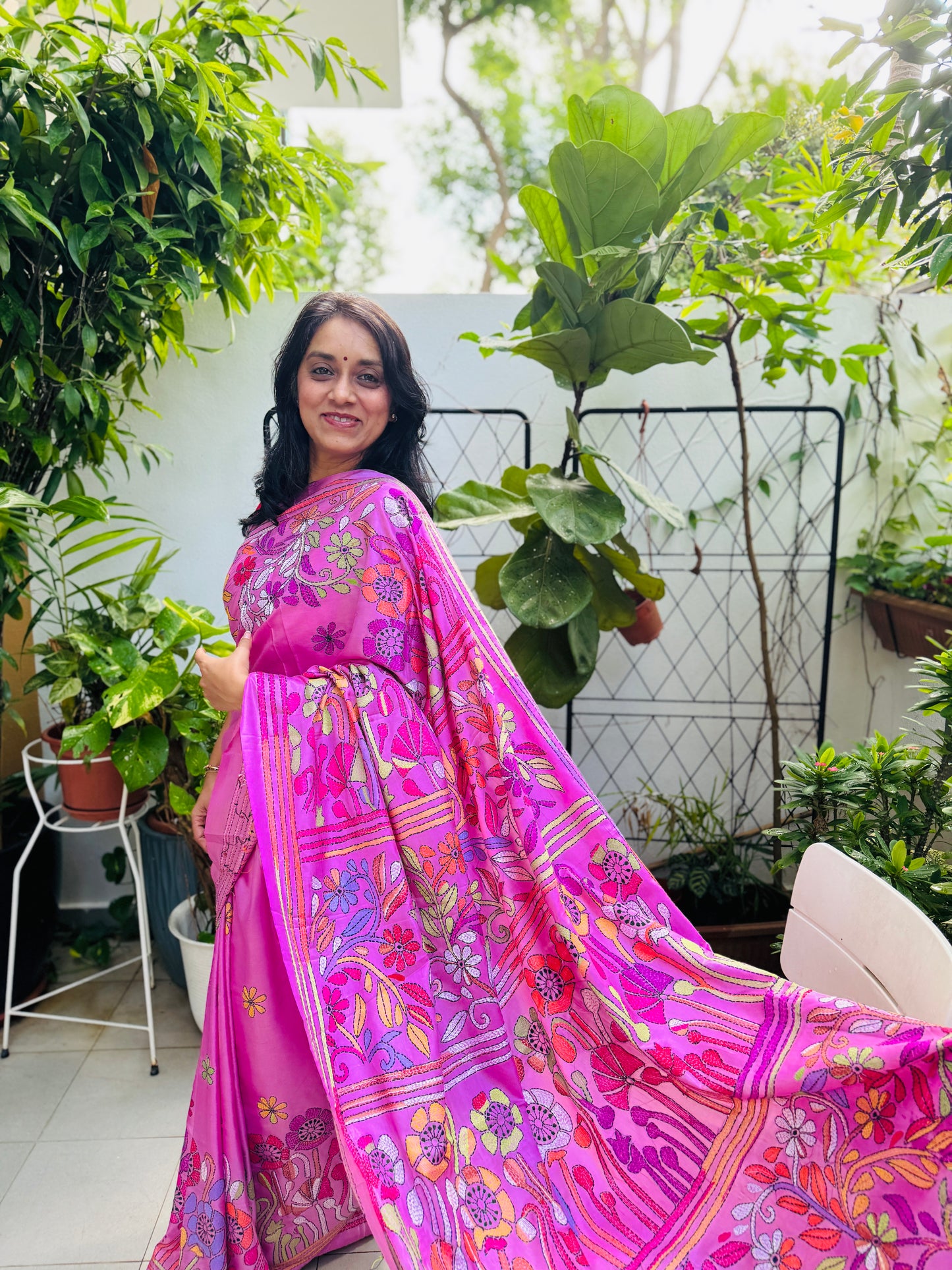 Pink Silk-blend Kantha Saree