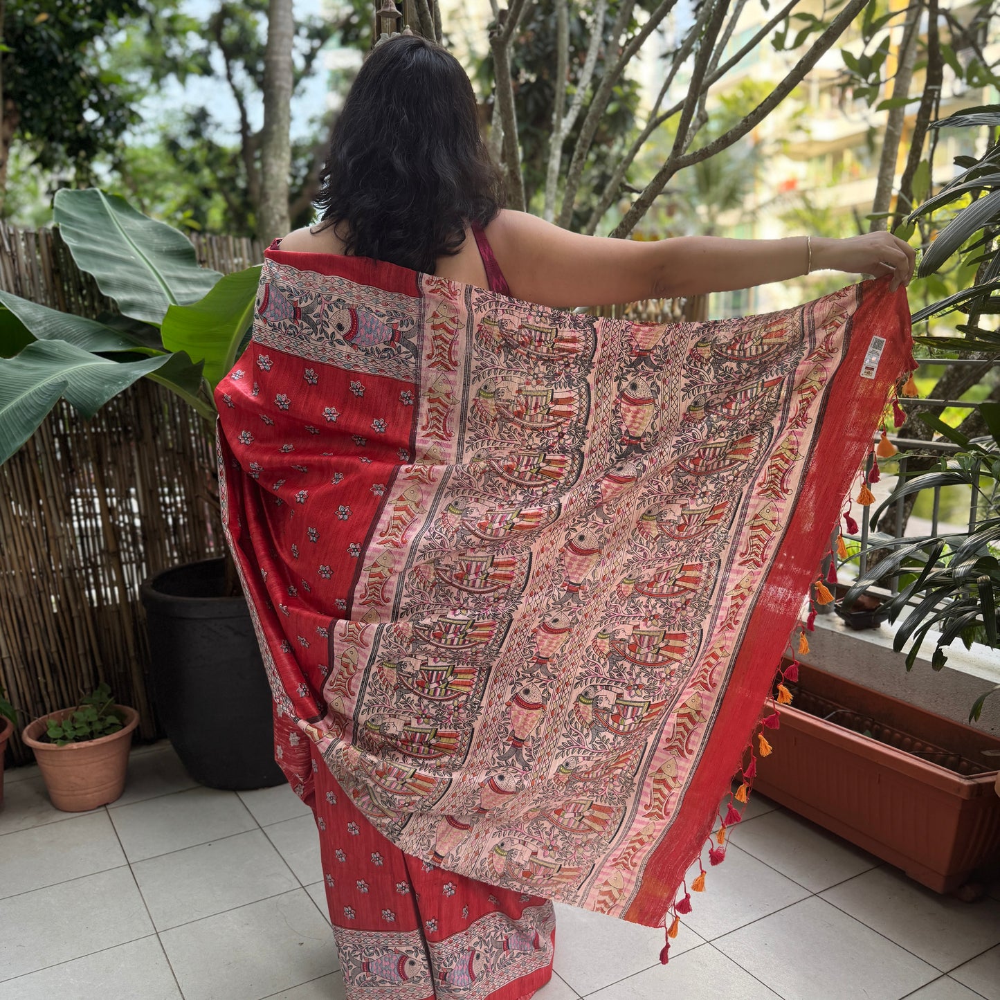 Red Silk Madhubani-Print Saree