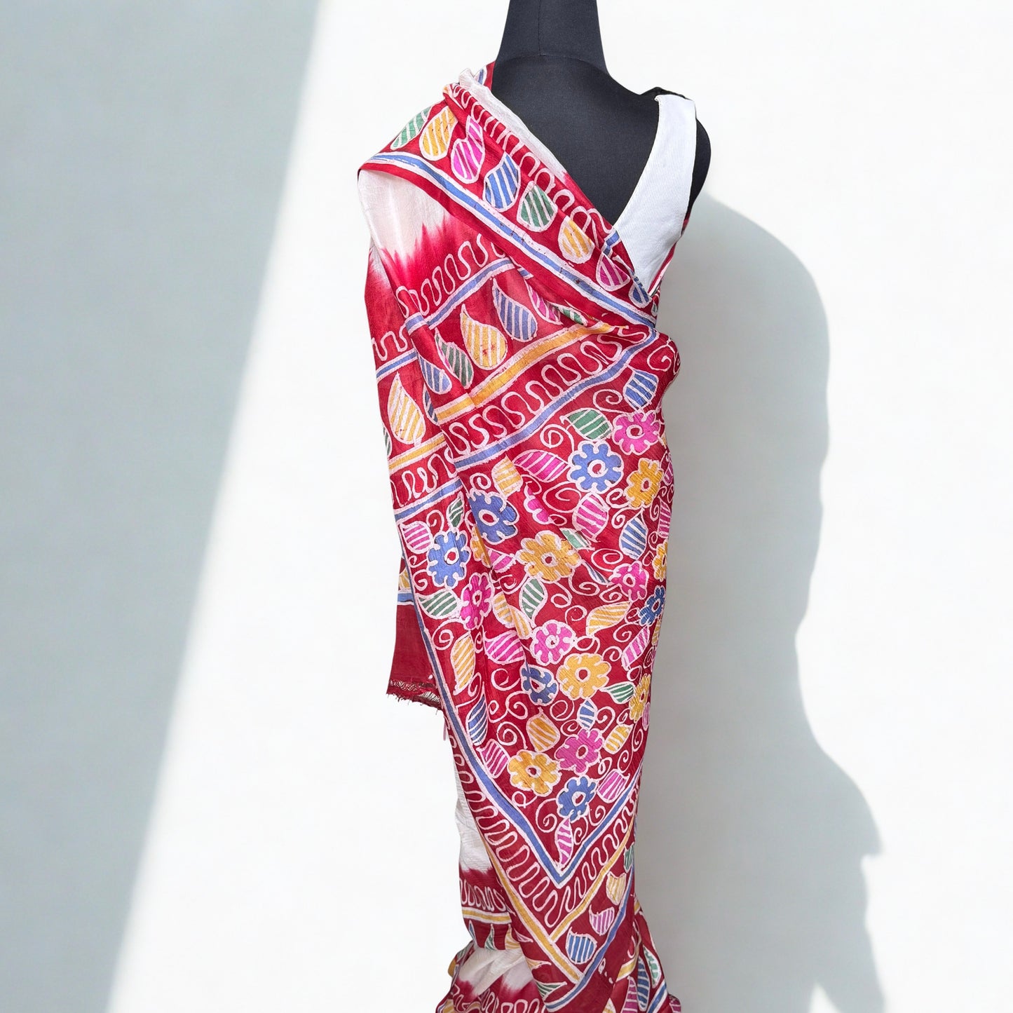 Vrinda: White & Red BLock Print Tussar Silk Saree