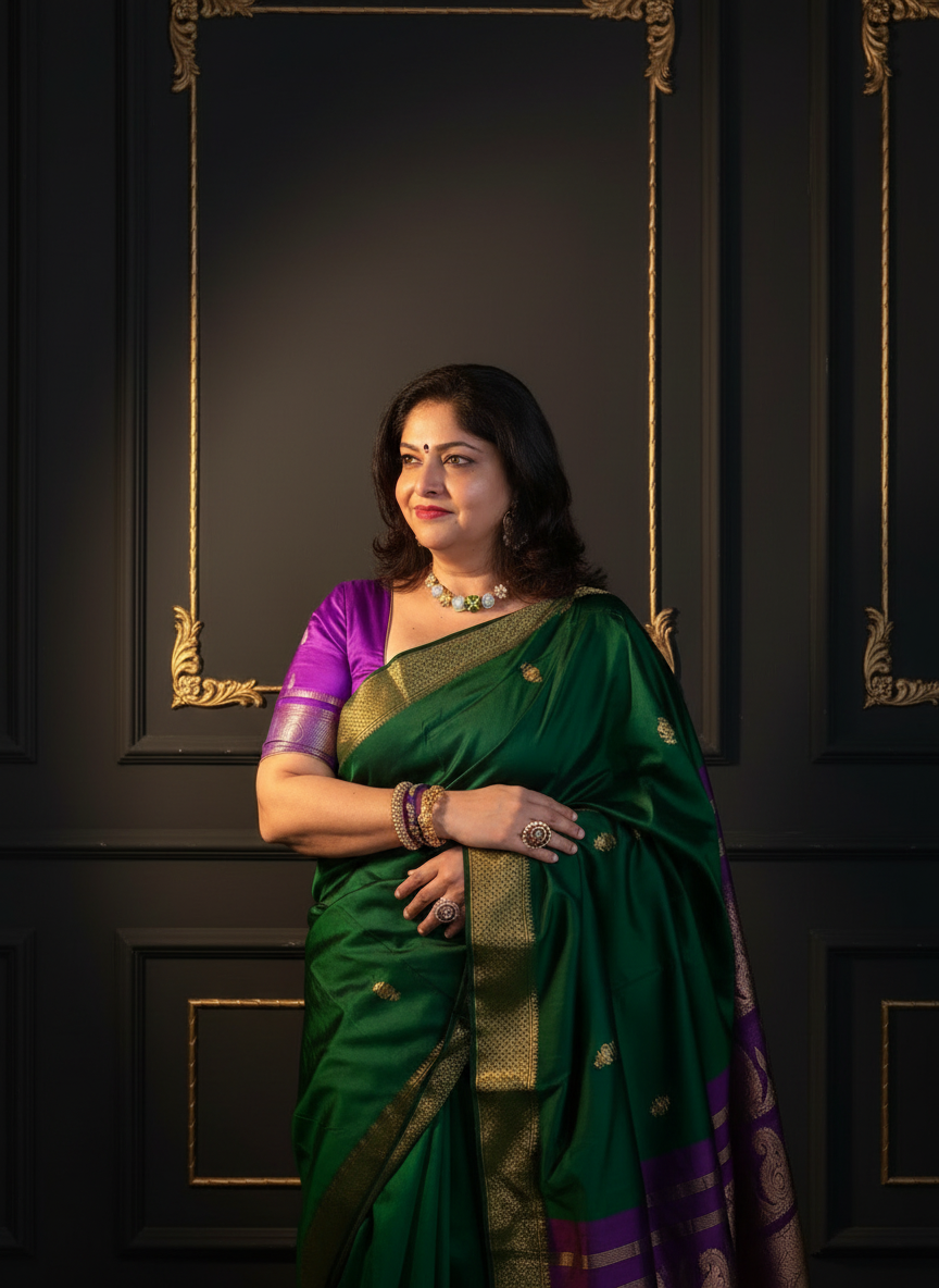 Kavita: Green & Purple Pattu Silk Saree