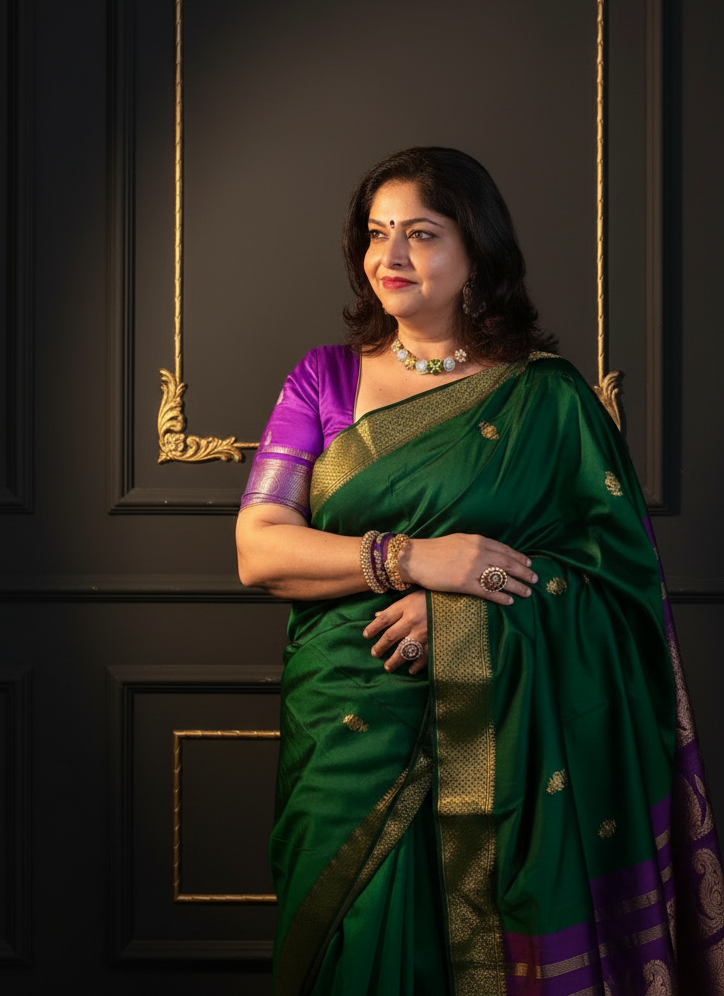 Kavita: Green & Purple Pattu Silk Saree