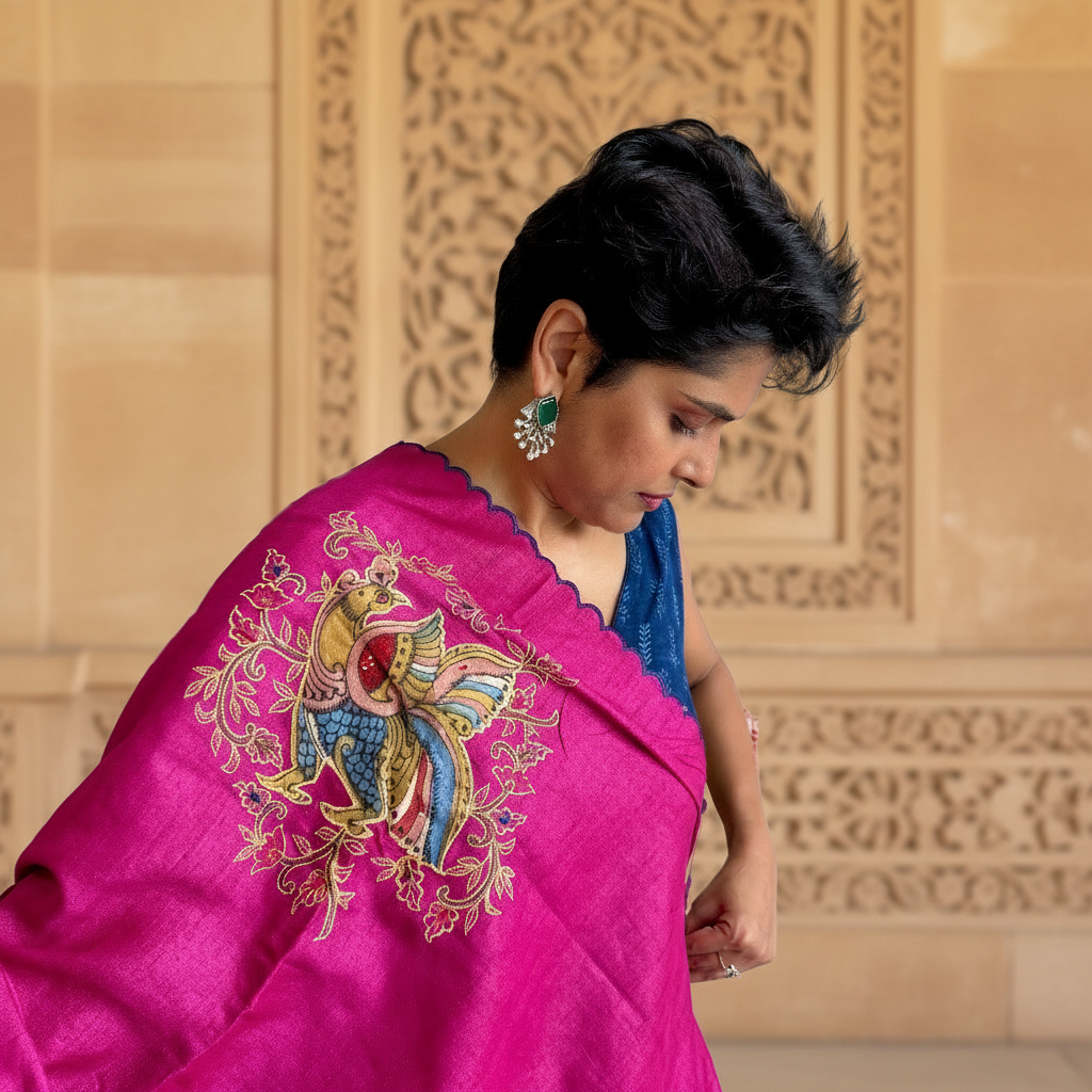 Duskrose: Pink Tussar Silk Saree with Kalamkari Appliqué