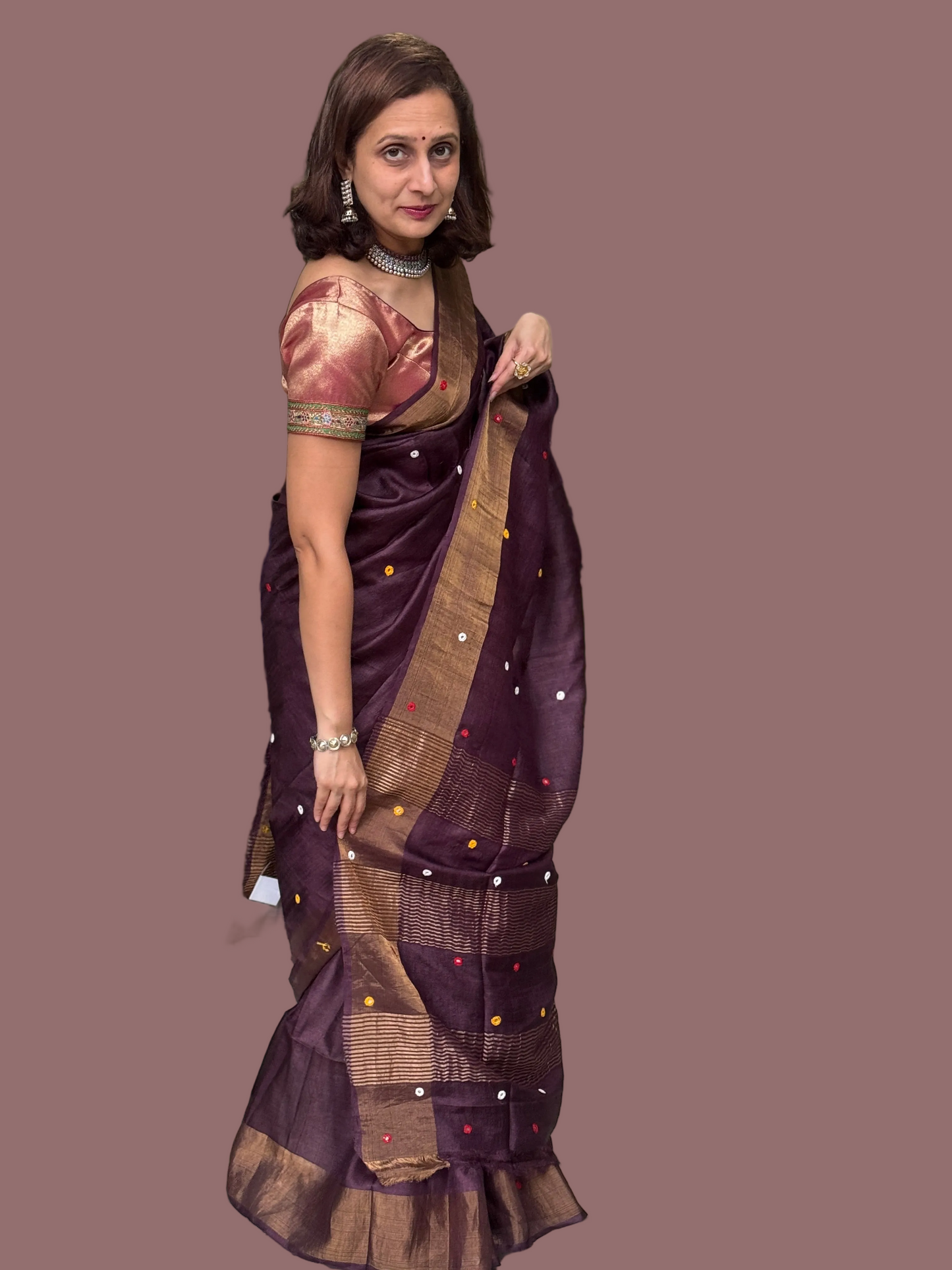 Siya: Brown Handwoven Tussar Silk Mirror-work Saree