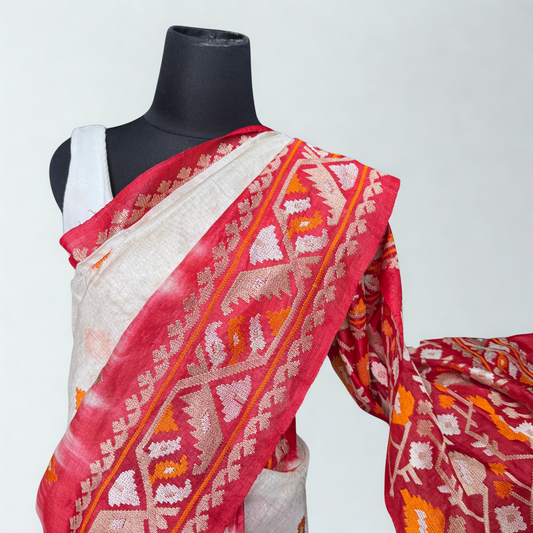 Sunset Reverie: White Tussar Silk Saree with Red Ombre Border