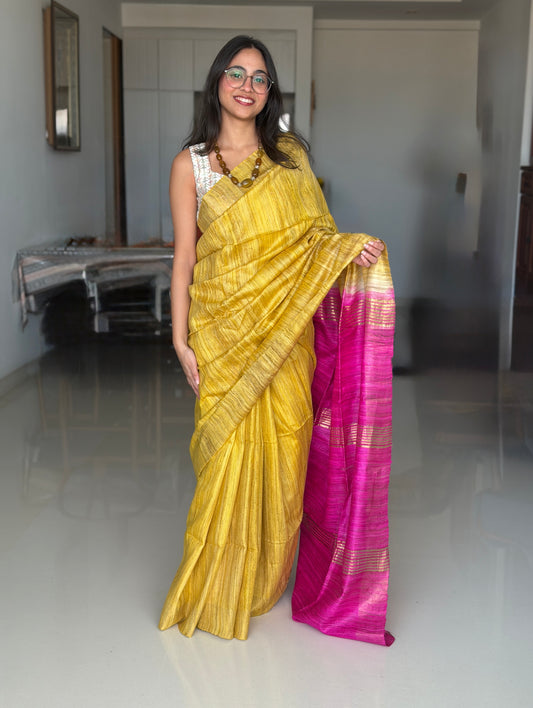 Sunspell Pink: Yellow and Pink Ghicha Silk Saree