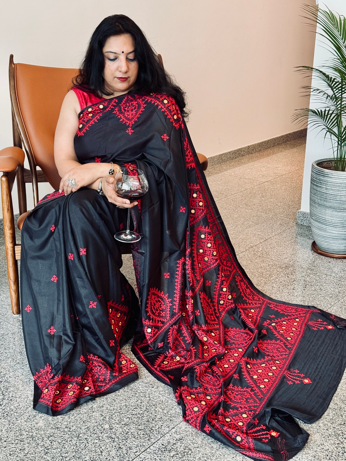 Geetanjali: Black Semi-Silk Saree with Red Kuchchi embroidery