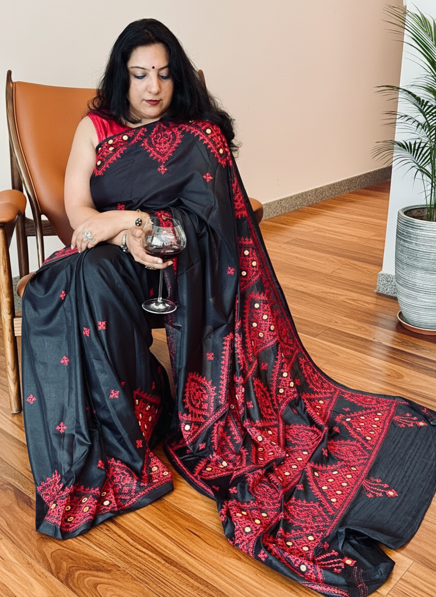Geetanjali: Black Semi-Silk Saree with Red Kuchchi embroidery