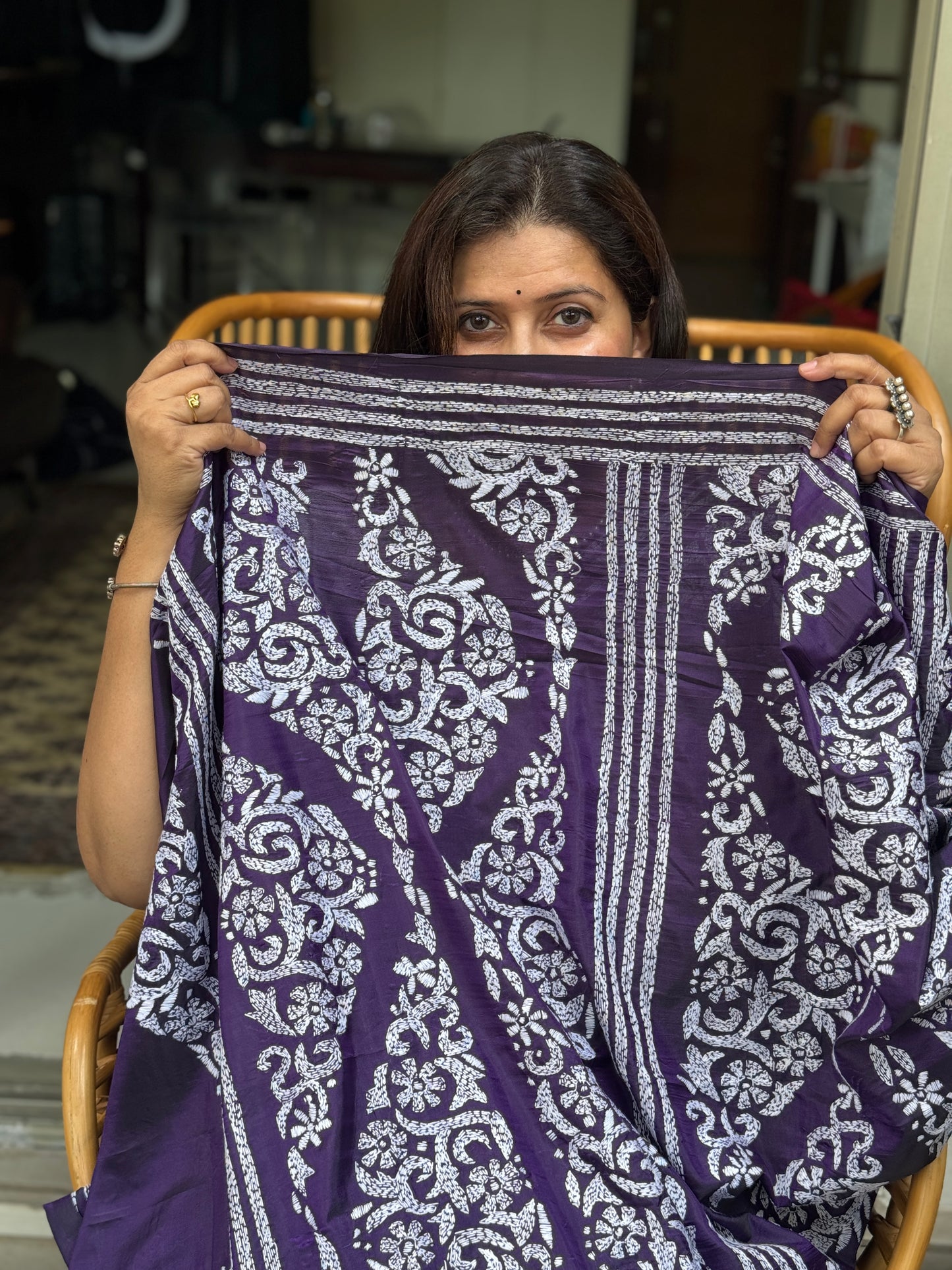 Smita: Blue Hand-Embroidered Semi-Silk Kantha Saree