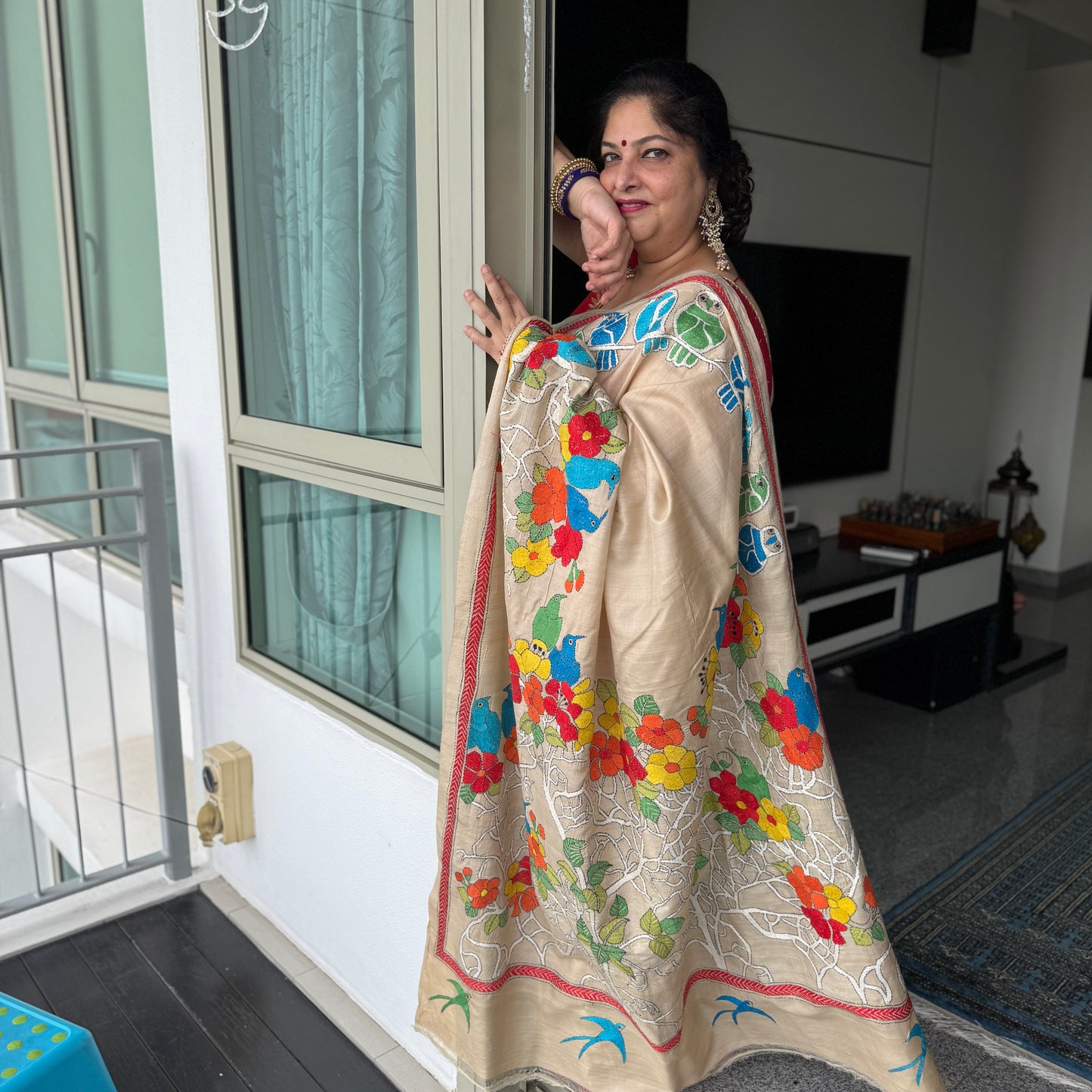 Vasudha: Beige Tussar Silk Kantha Saree