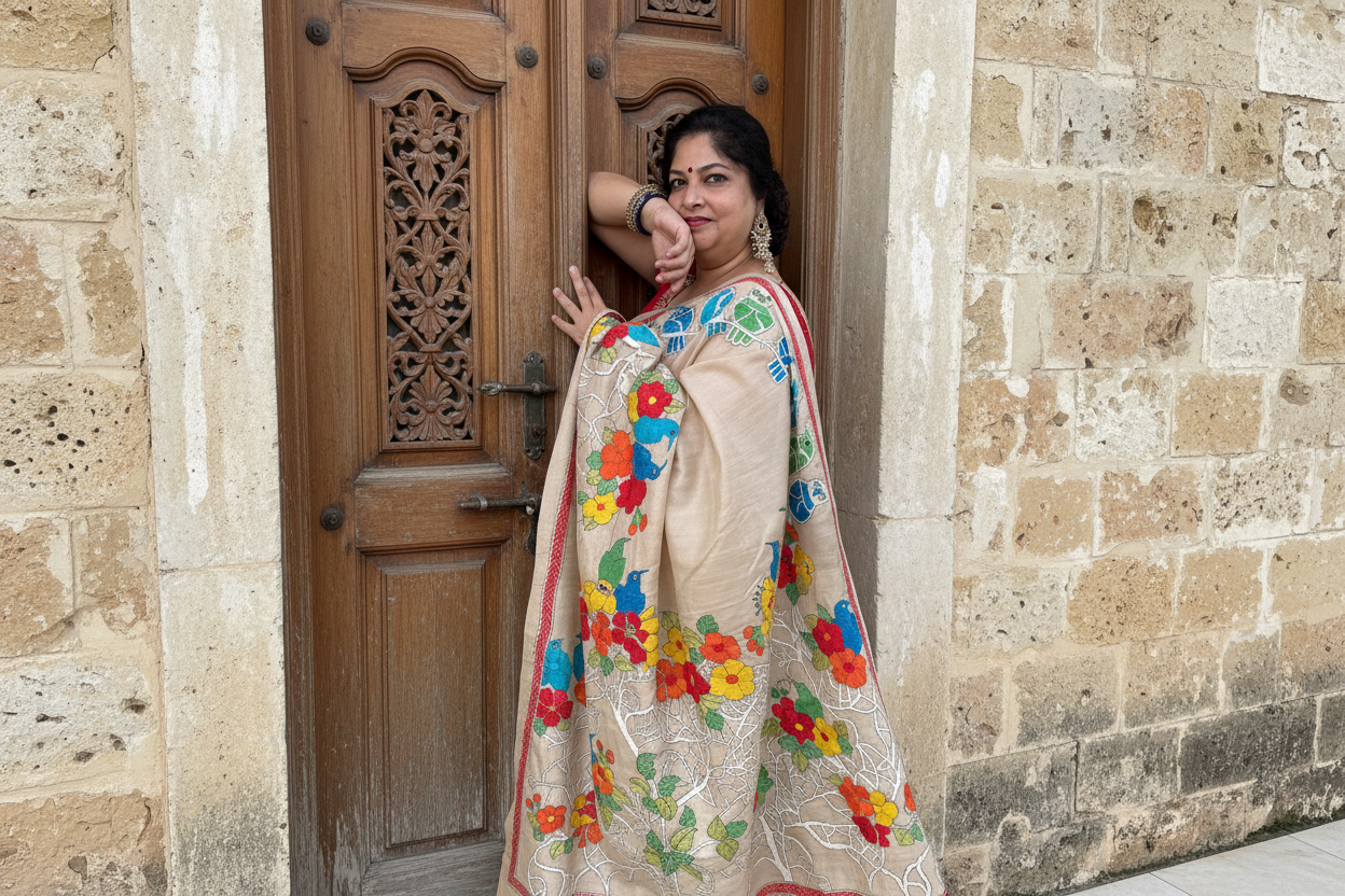 Vasudha: Beige Tussar Silk Kantha Saree