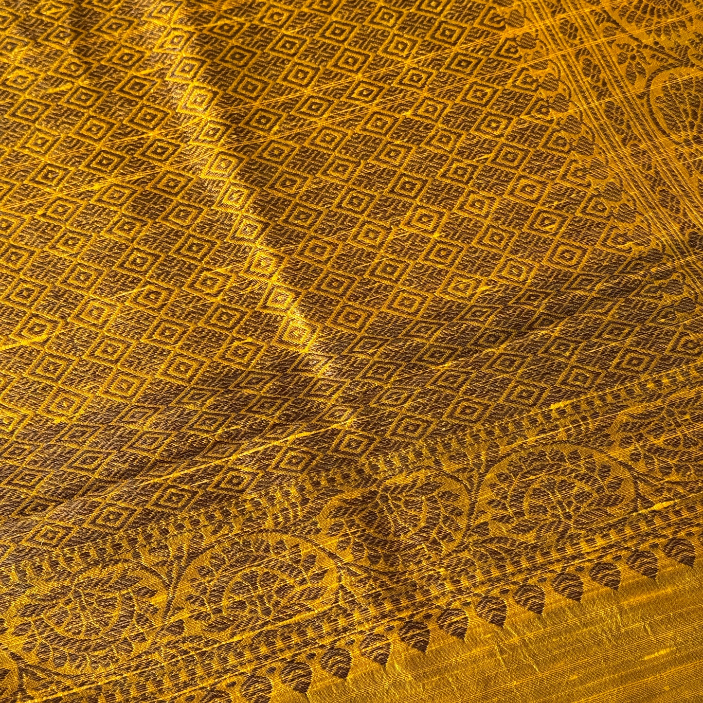 Sunehra: Yellow Handwoven Silk Saree with Pink Contrast Blouse.