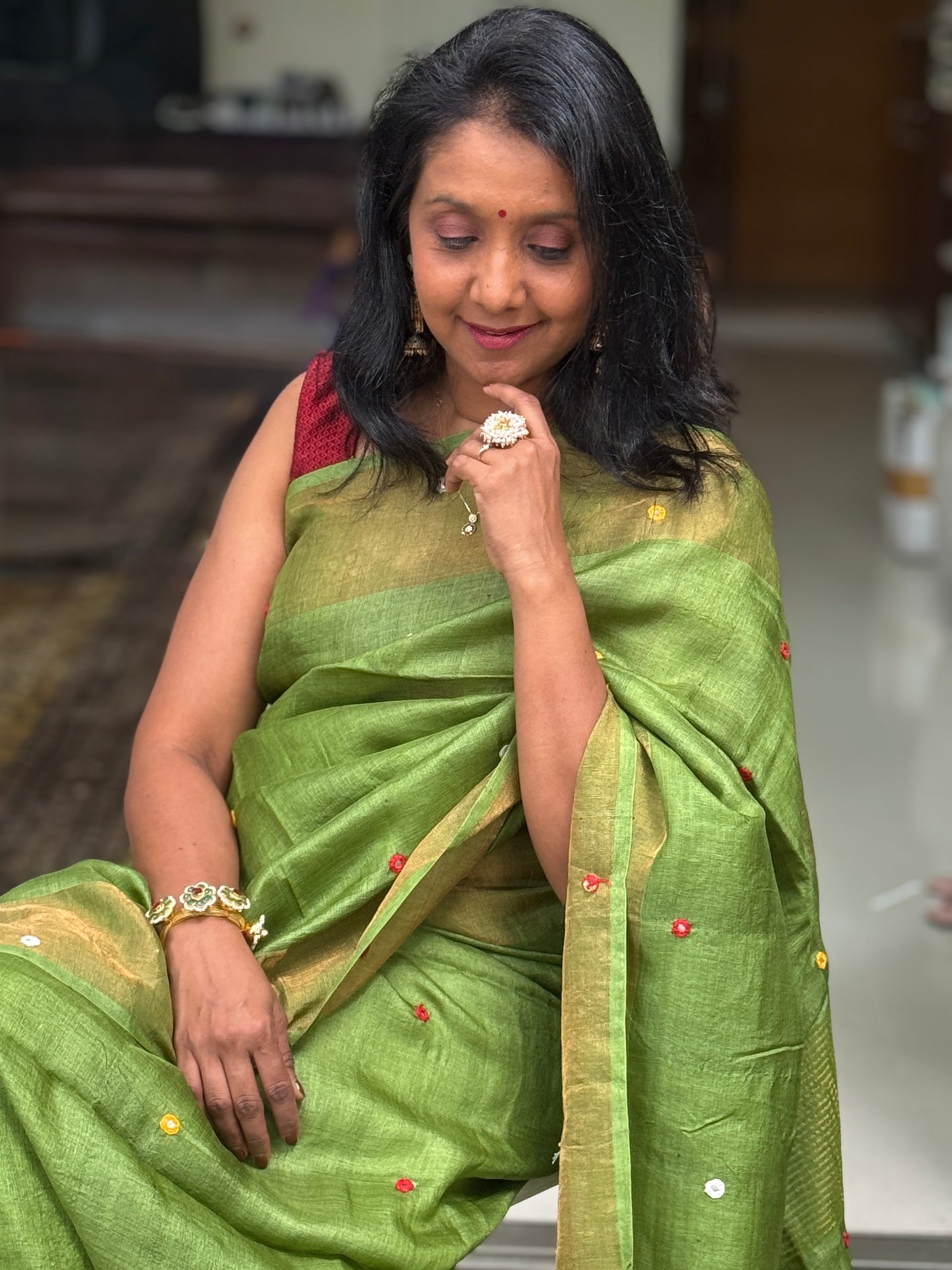 Jaya: Green Handwoven Tussar Silk Mirror-work Saree