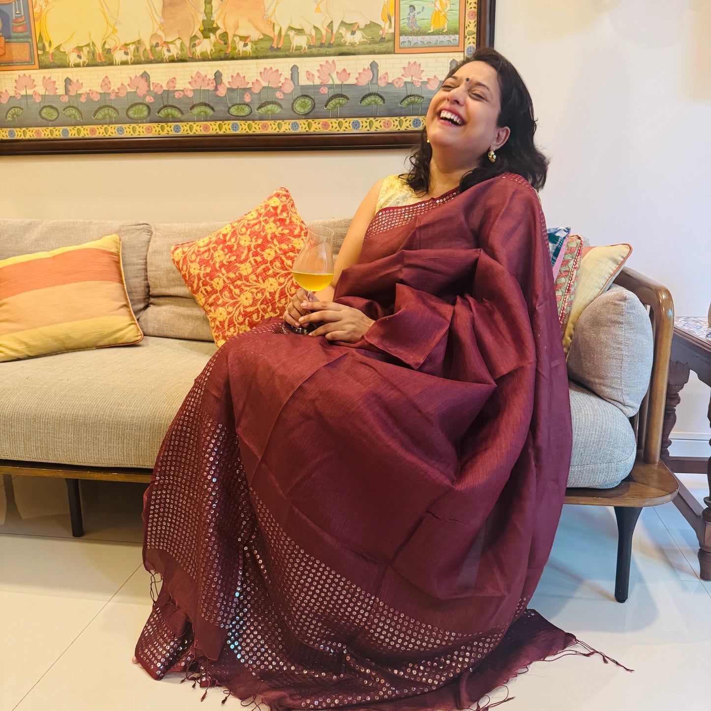 Keya: Brown Tussar Silk Saree with Sequins