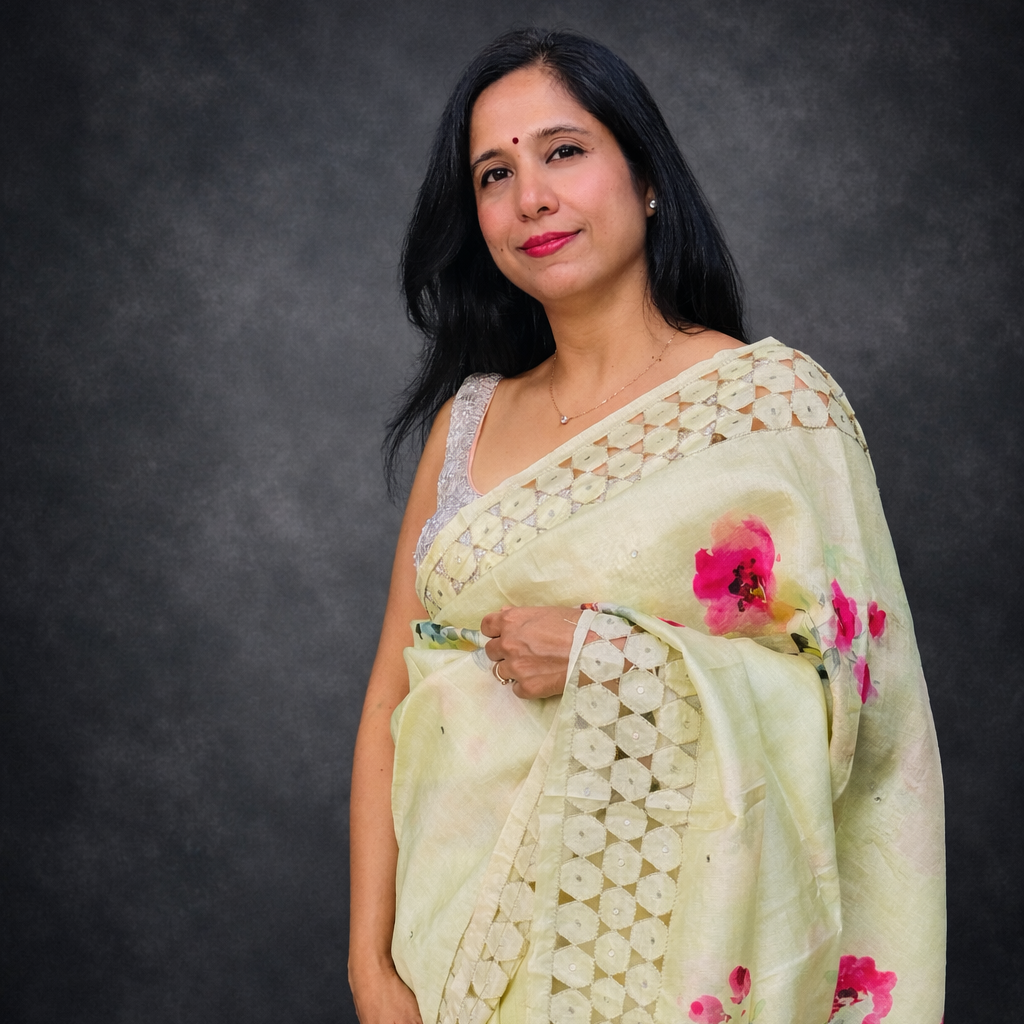 Parijat: Lime Green Floral Silk Saree