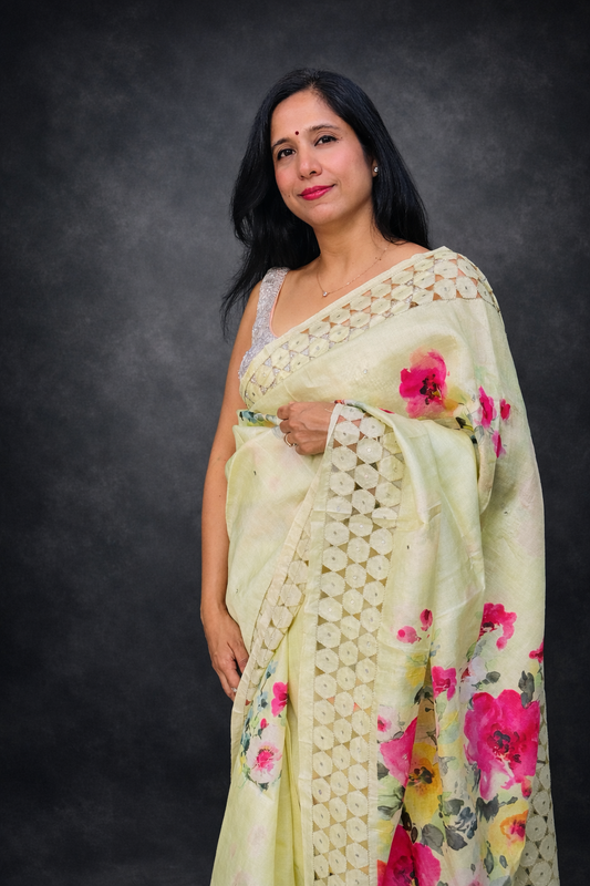 Parijat: Lime Green Floral Silk Saree