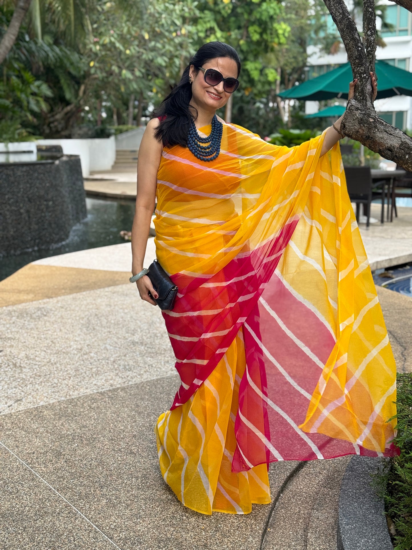 Leher: Yellow & Pink Chiffon Saree