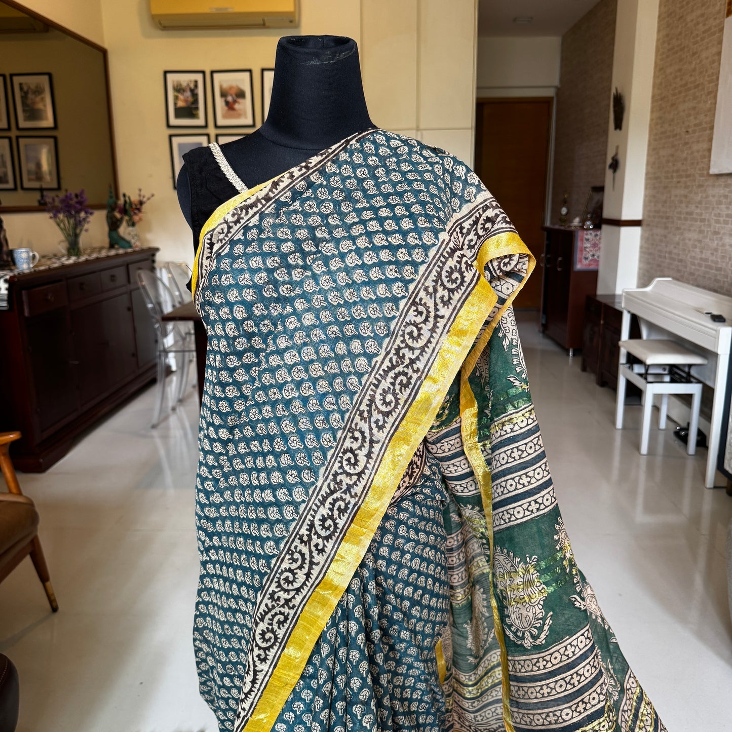 Debolina: Green Linen Sanganeri Block Print Saree