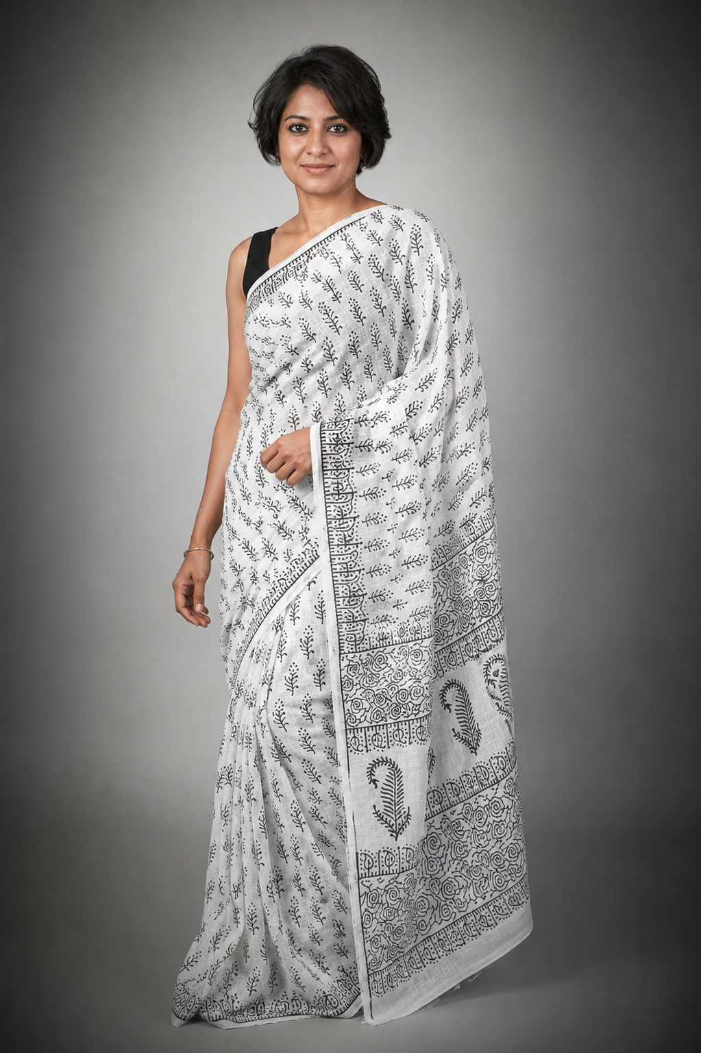 Poulomi: White Cotton Sanganeri Block Print Saree