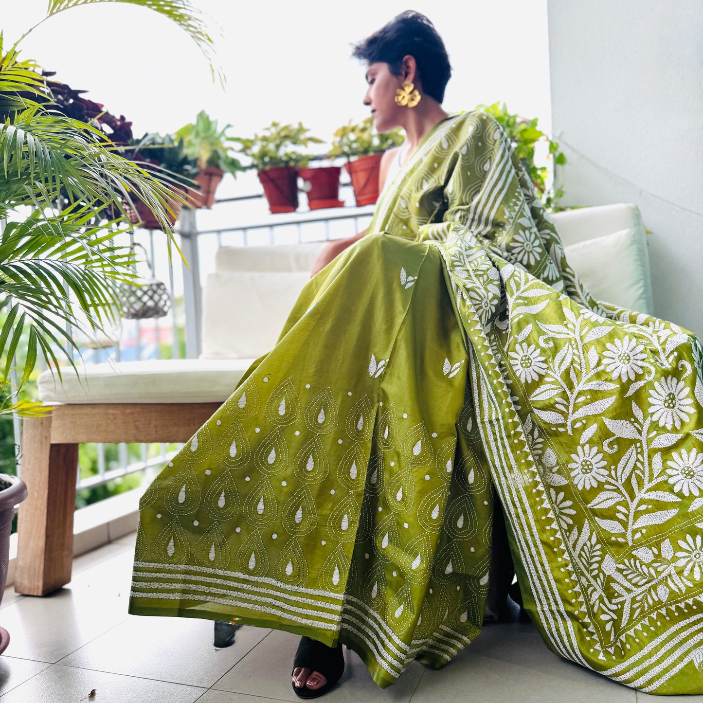 Verdant: Green Kantha Embroidered Saree