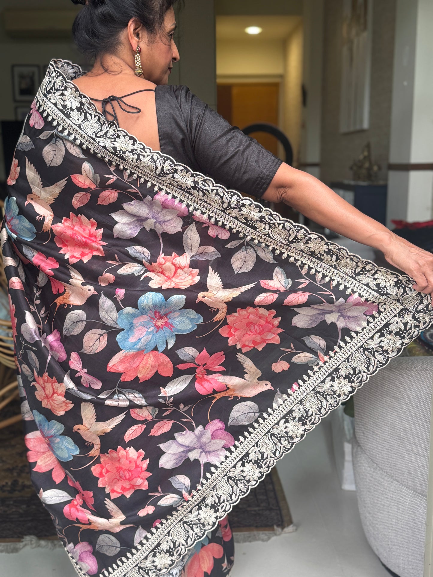 Nishika: Black Floral Blended Silk Saree
