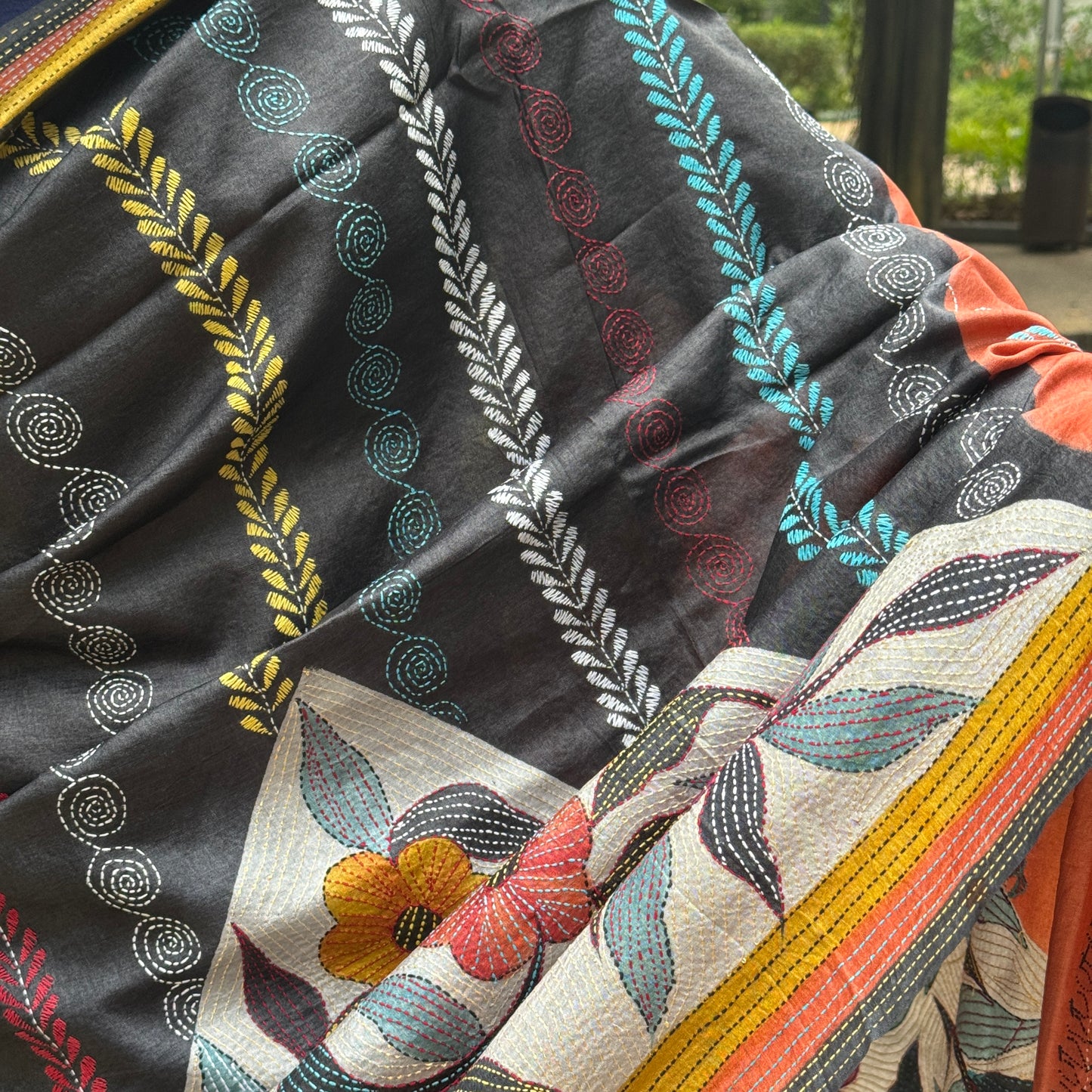 Neharika: Rust and Black block print Kantha Tussar Silk Saree