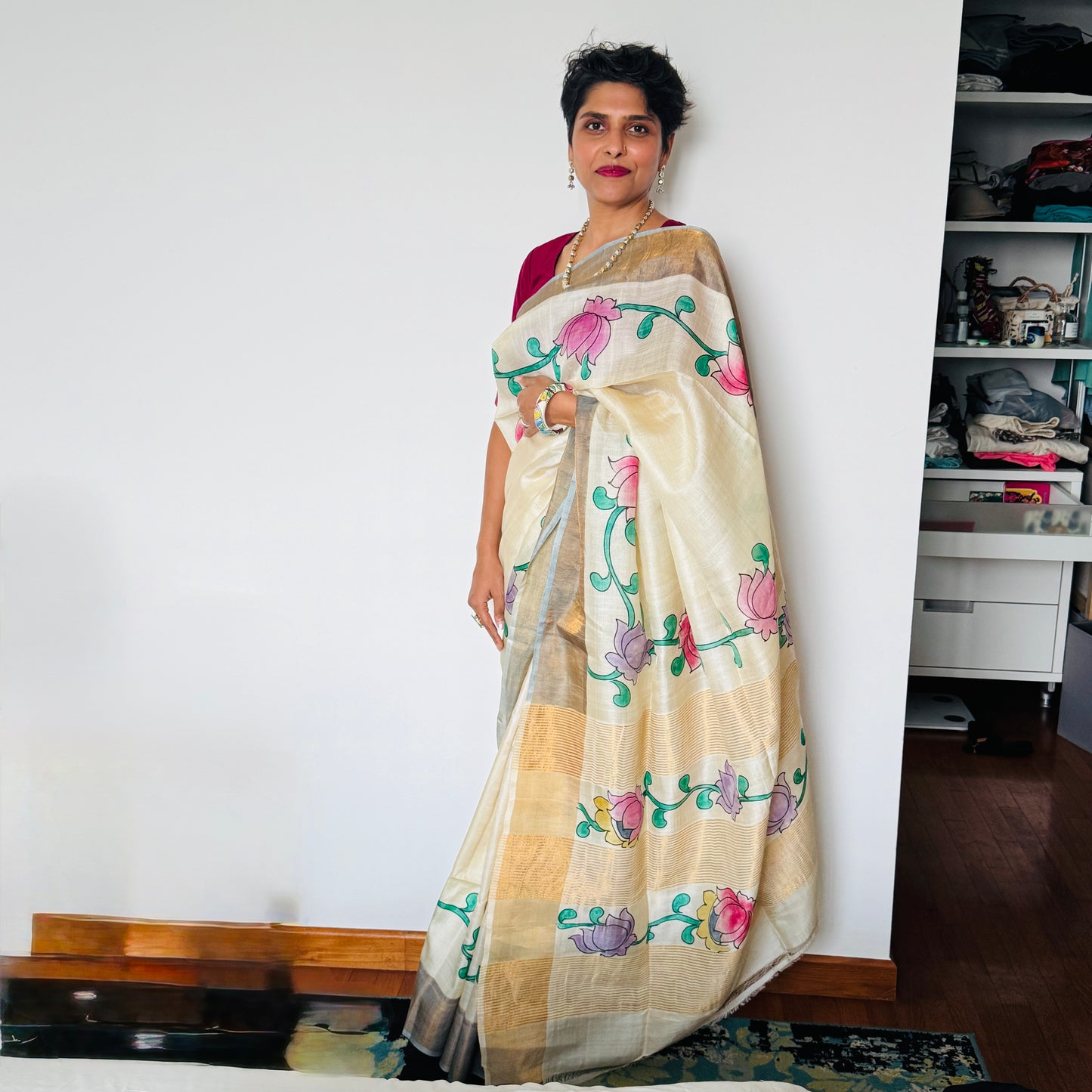 Ivorine: Cream Kalamkari Block Print Tussar Silk Saree