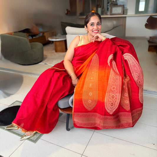 Ember: Red Raw Silk Banarasi Saree with Ombré Shading