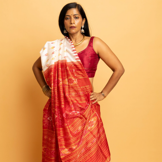 Shvetra: White Sambalpuri Ikkat Silk Saree