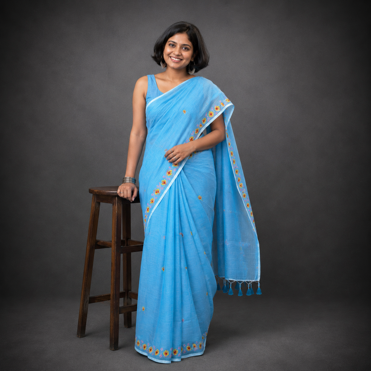 Nilanjana: Blue Mul Cotton Embroidered Saree
