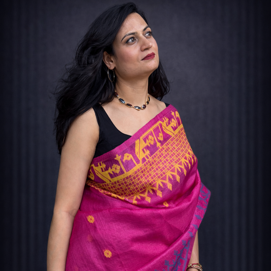 Ava: Pink Handwoven Tussar Silk Jamdani Saree