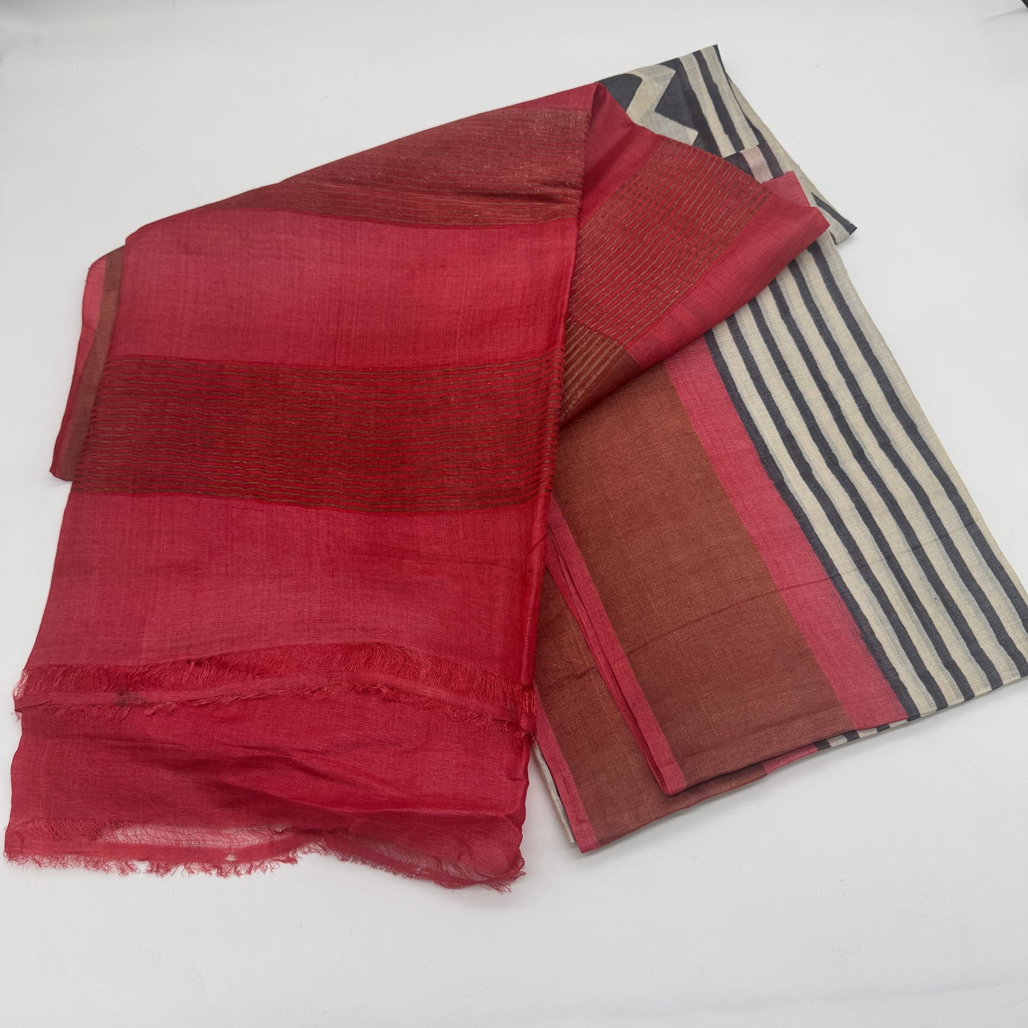 Raag Rekha: Block print Striped Tussar Silk Saree