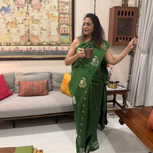 Vanya: Green Borderless Banarasi Katan Silk Saree