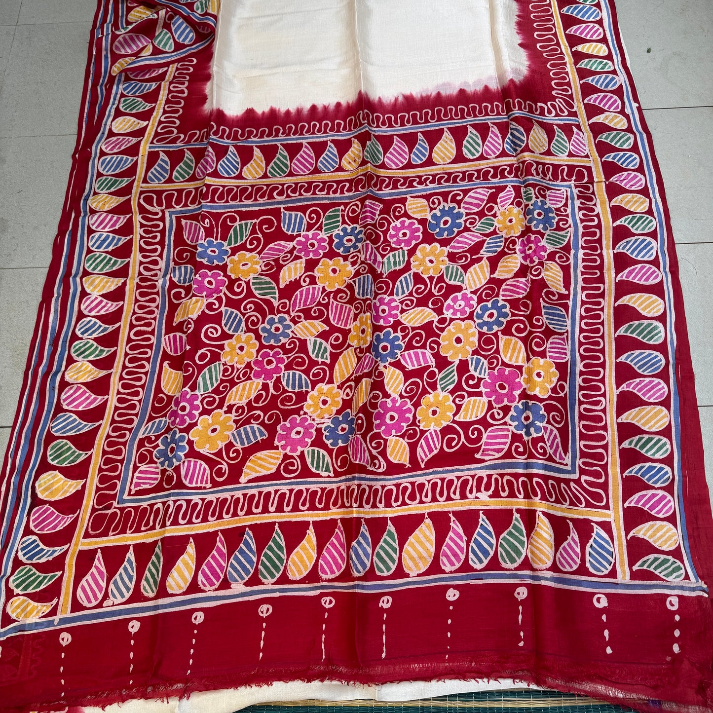 Vrinda: White & Red Batik Tussar Silk Saree