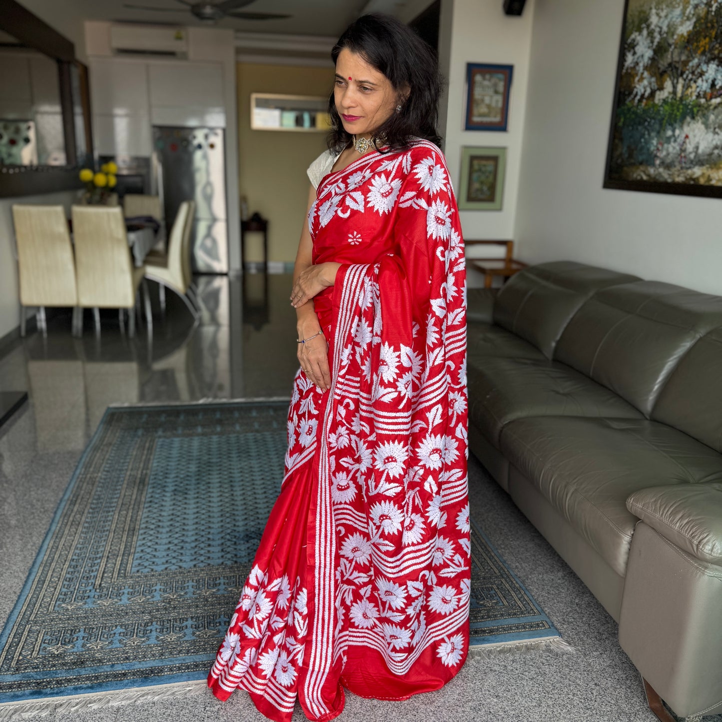 Scarlet: Red Kantha Art Silk Saree