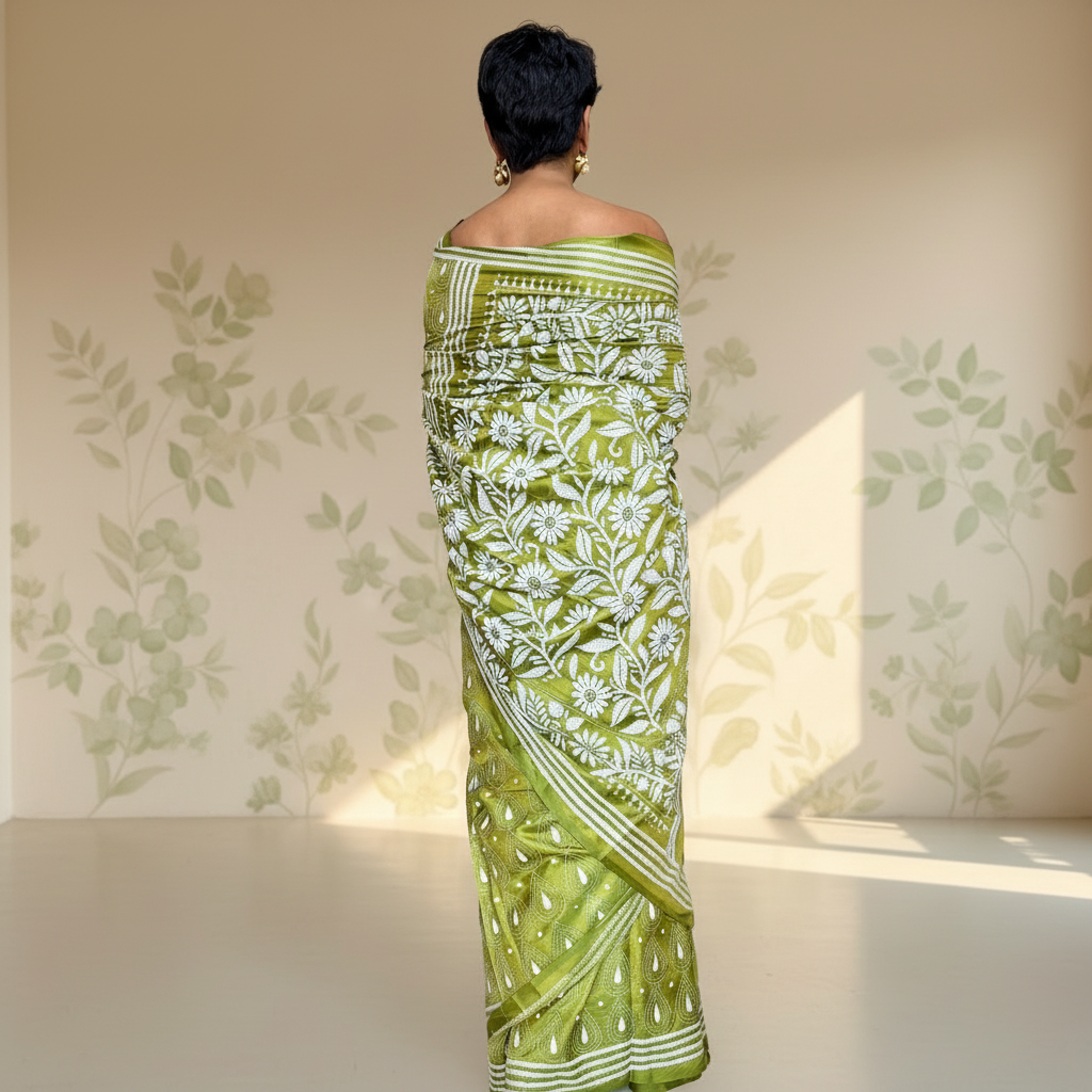 Verdant: Green Kantha Embroidered Saree