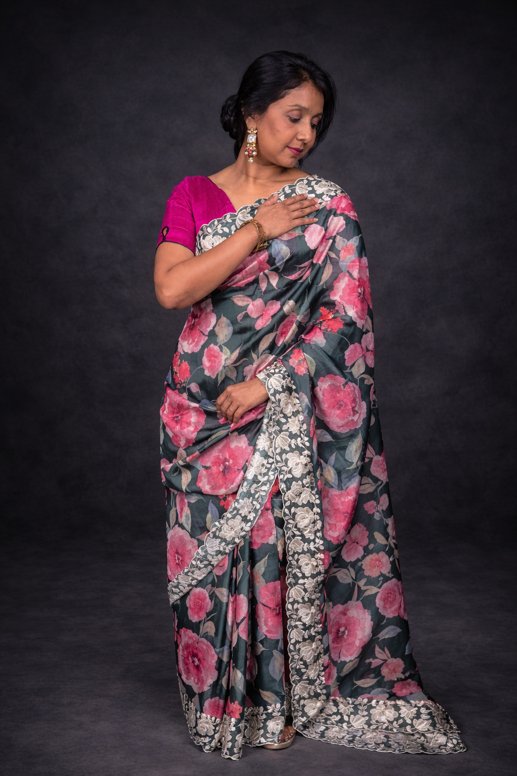 Moonlit Garden: Floral Semi-silk Saree with Embroidery
