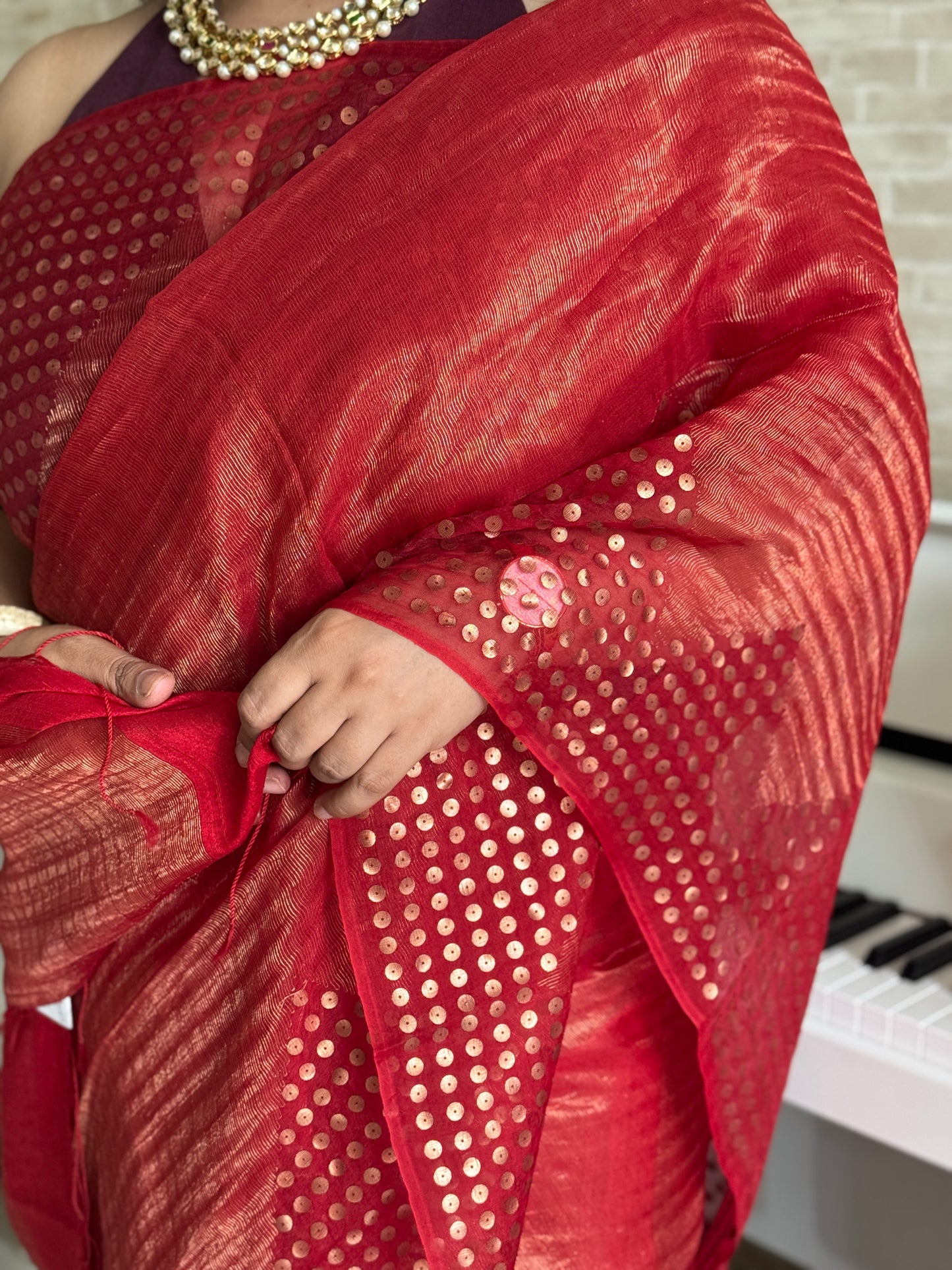 Diva: Red Tissue Handwoven Muslin Sequins Saree