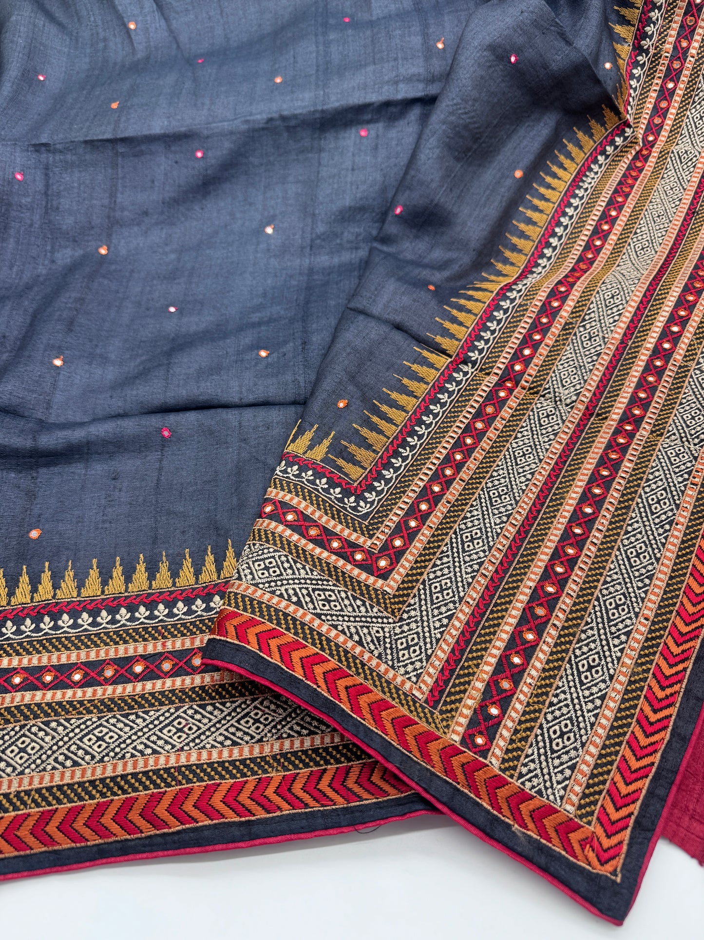Neeraja: Black Embroidered Tussar Silk Saree