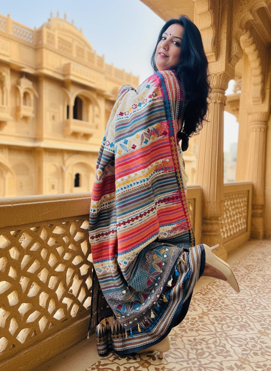 Geet: Beige Embroidered Tussar Saree with Lambani Embroidery