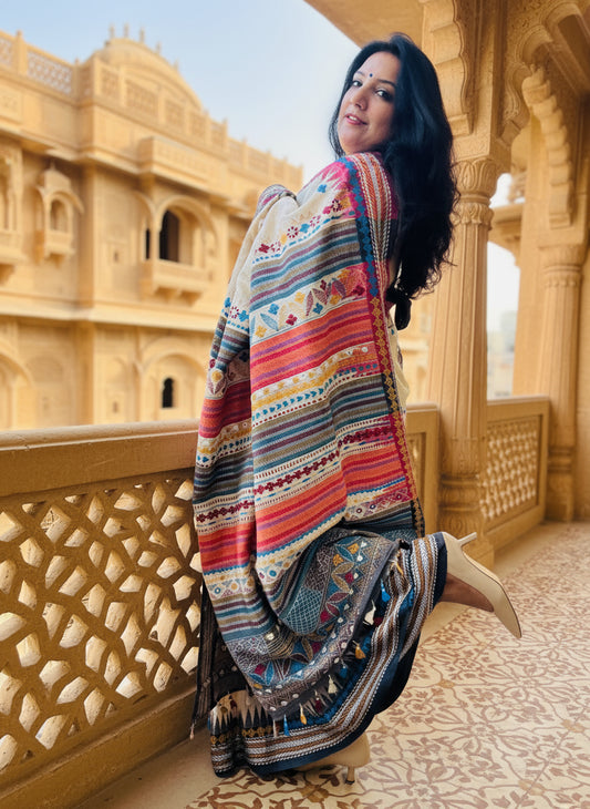 Geet: Beige Embroidered Tussar Saree with Lambani Embroidery